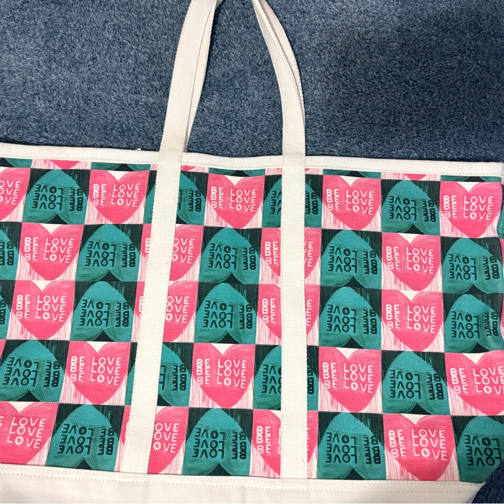 Anthropologie Brand NWT Canvas Tote Bag with Pink & Teal Heart Pattern.